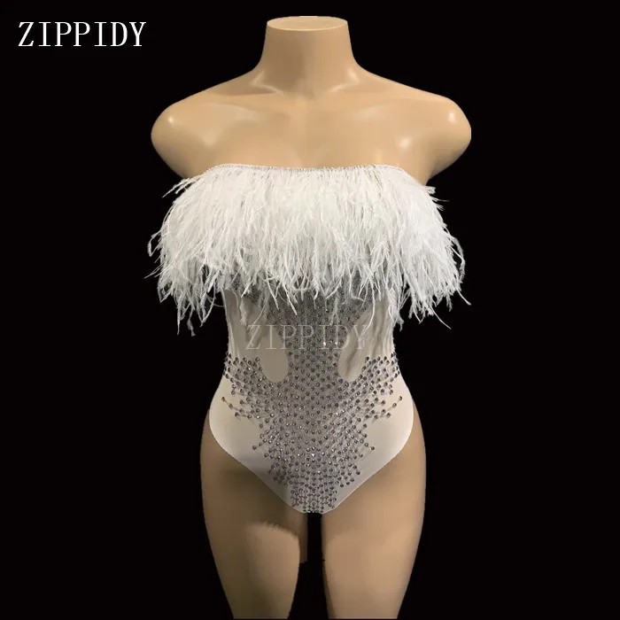

Sexy White Feather Bust Rhinestones Bodysuit Female Singer Stage Show Wear Birthday Celebrate Stones Outfit YOUDU