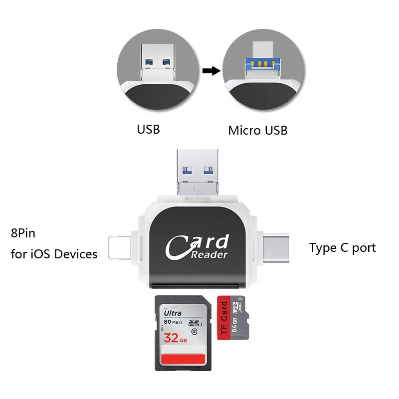 Все в одном 1 SD TF кардридер Тип C SDHC OTG адаптер памяти для iPhone X XS MAX XR 5 6 7 8 iOS Android