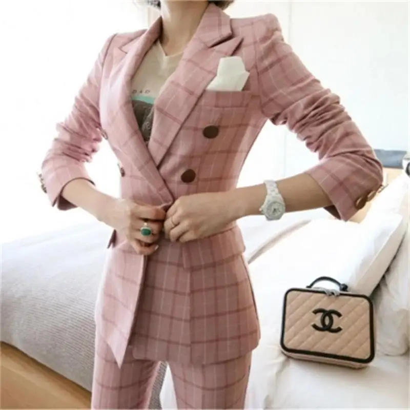 

New Female High quality business attire Blazers Suit Plaid Women Pants Suits 2 Two Piece Sets Long Slim Jacket & Pants Suits Ms