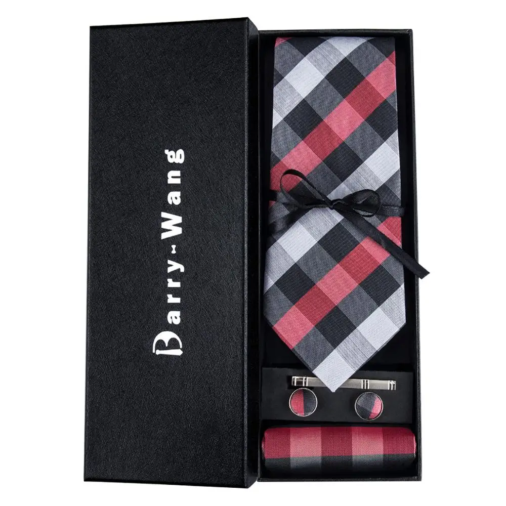 

TS-938 Barry.Wang 2018 Men's Ties Necktie Hanky Cufflinks Set With Gift Box Red Black Plaids Ties For Men Wedding Business Party