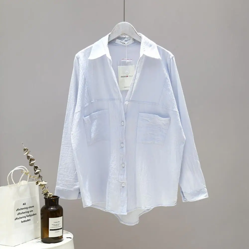 Blue Blouse Новое поступление, Женская однотонная тонкая большая белая блузка, рукав летучая мышь, карманы, длинная рубашка, отложной воротник, повседневный Топ T96606F - Цвет: Blue Blouse