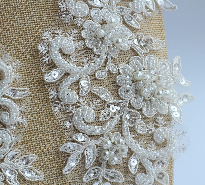 Ivory Alencon Lace Applique Beaded Sequined Patch For Wedding Supplies Bridal Hair Flower Headpiece | Patches