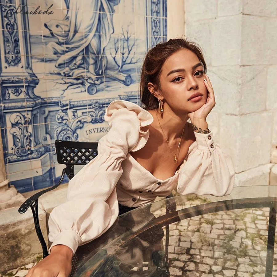 Macheda Новая женская модная летняя винтажная блузка клетчатая топ с длинным