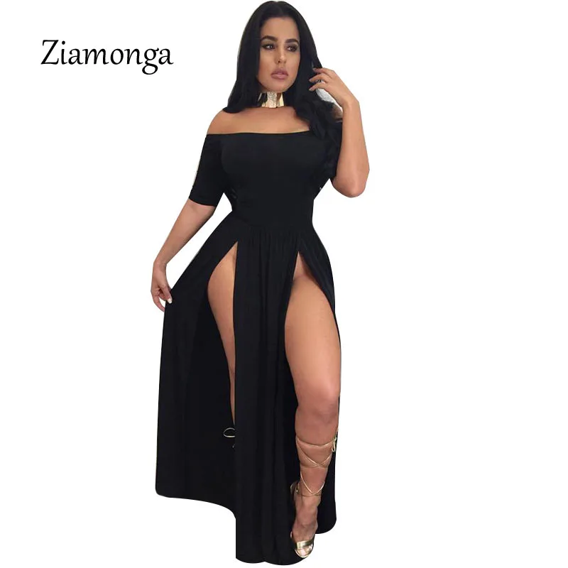 Black Ziamonga, женское длинное платье, сексуальное Клубное платье с высоким разрезом, с коротким рукавом, черное, с двойным высоким разрезом, макси, вечерние платья, vestido de festa - Цвет: Black