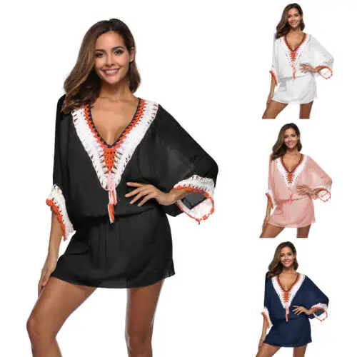 Women Beach Dress Swimsuit Swimwear Bikini Cover Up Holiday Long Sleeve Deep V Neck Tops |