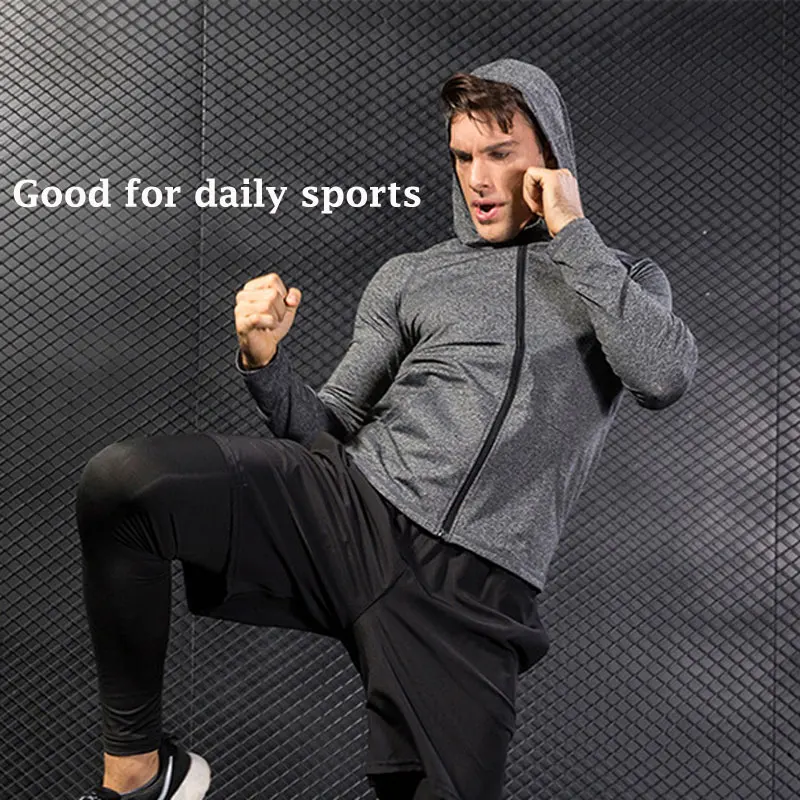 2018 Coolest Hooded Compression Sports Jacket Men Shirt Zipper Gym Clothing Rashgard Sportswear Fitness Black Running T-shirt