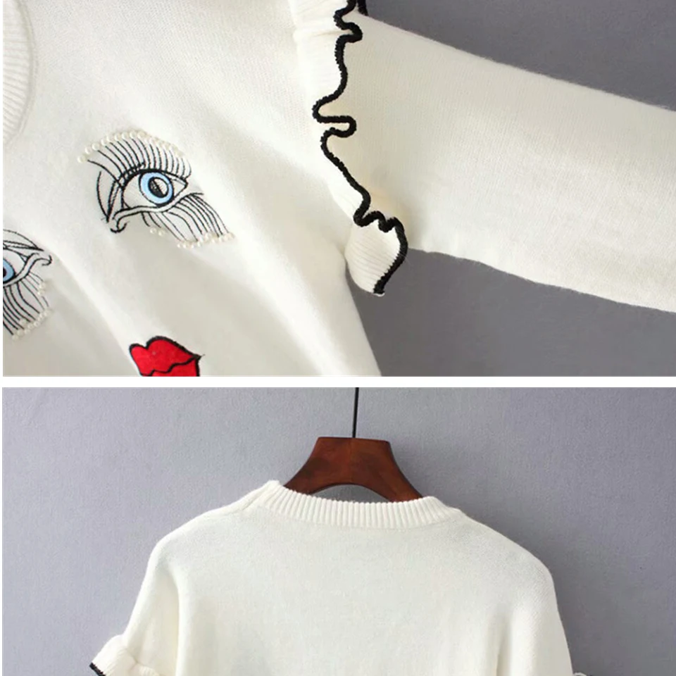 Милый свитер с рисунком глаз губ украшенный бабочкой пуловер длинным рукавом