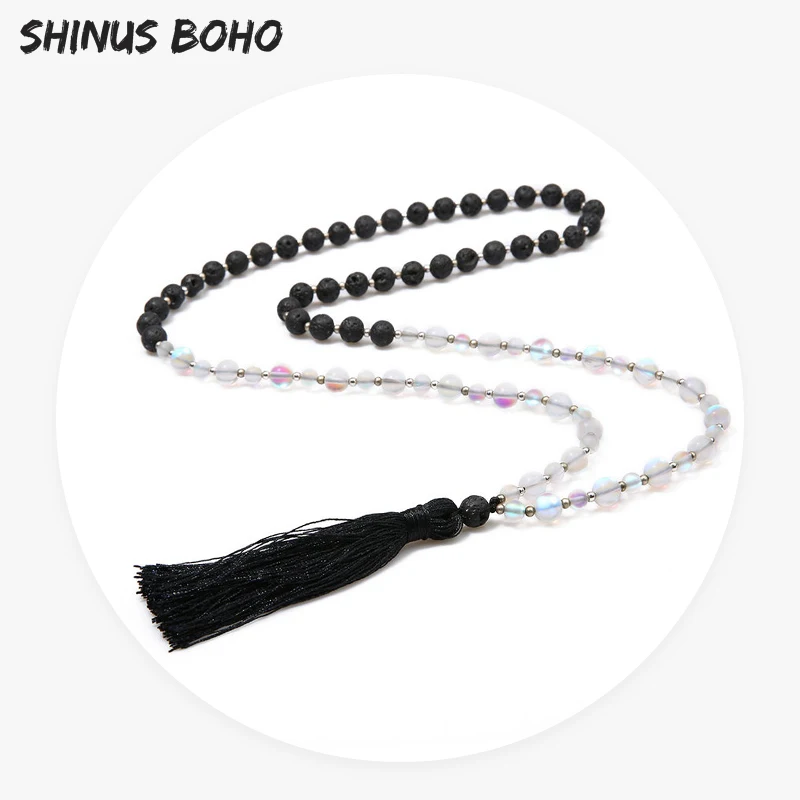 Женское длинное ожерелье SHINUSBOHO с черными кристаллами полудрагоценными камнями и