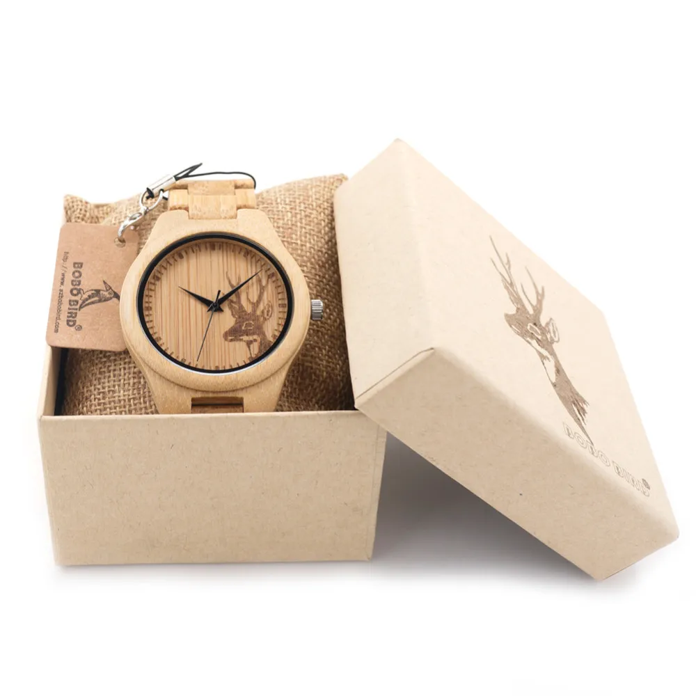 

BOBO BIRD V-D28 Wooden Mens Watch Engraving Reindeer Design Bamboo Quartz Clock With Folding Clasp reloj de los hombres