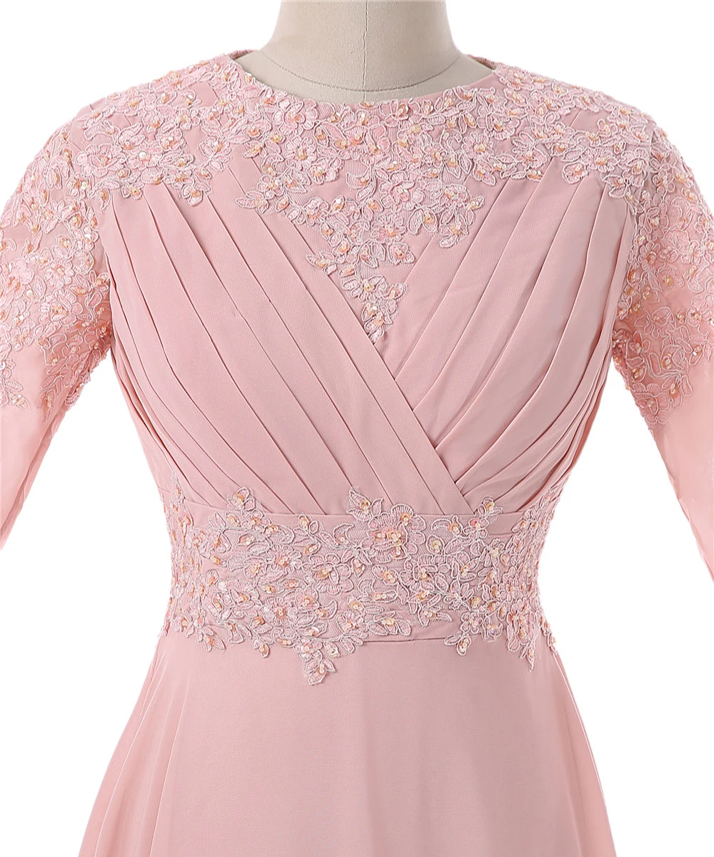 

Pink Muslim Evening Dresses A-line Long Sleeves Chiffon Lace Beaded Islamic Dubai Kaftan Saudi Arabic Long Evening Gown