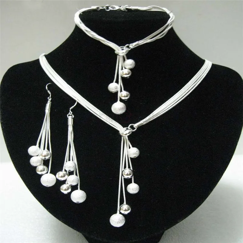 

Silver Jewelry Set for Women Snake Chain Beads Y-Shape Necklace Bracelet Earrings 3 pcs Bridal Jewellery Sets Factory Price