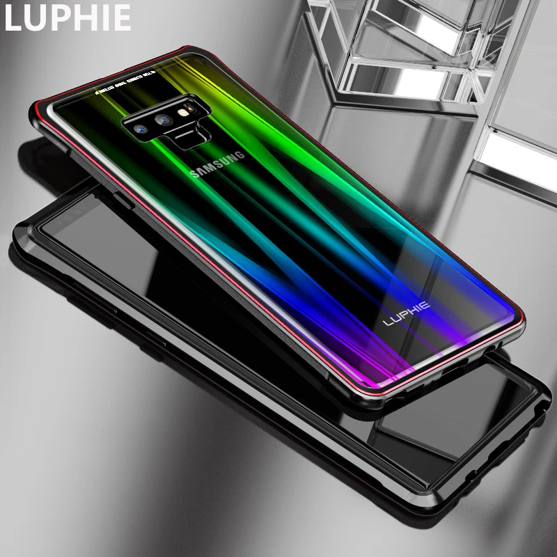 LUPHIE для samsung примечание 9 чехол Роскошные Жесткий магнитного металла Алюминий сплав прозрачный Стекло противоударный Броня чехол для телефона 6,4