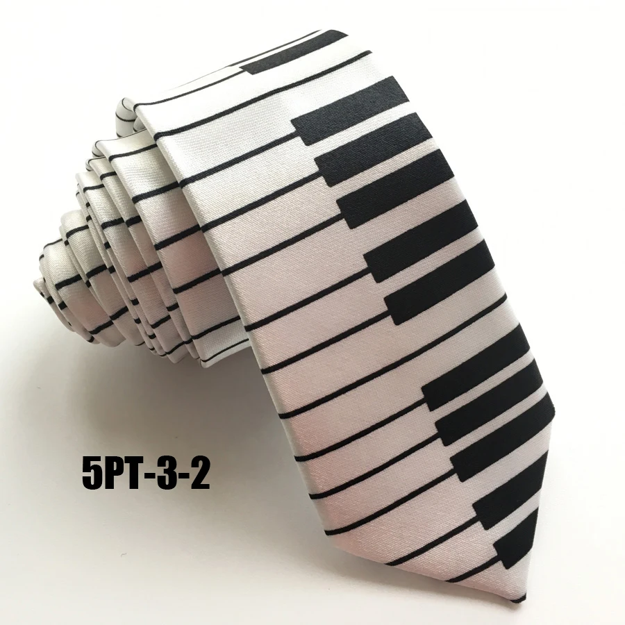 Классические музыкальные галстуки белые с черной узкой фортепианной