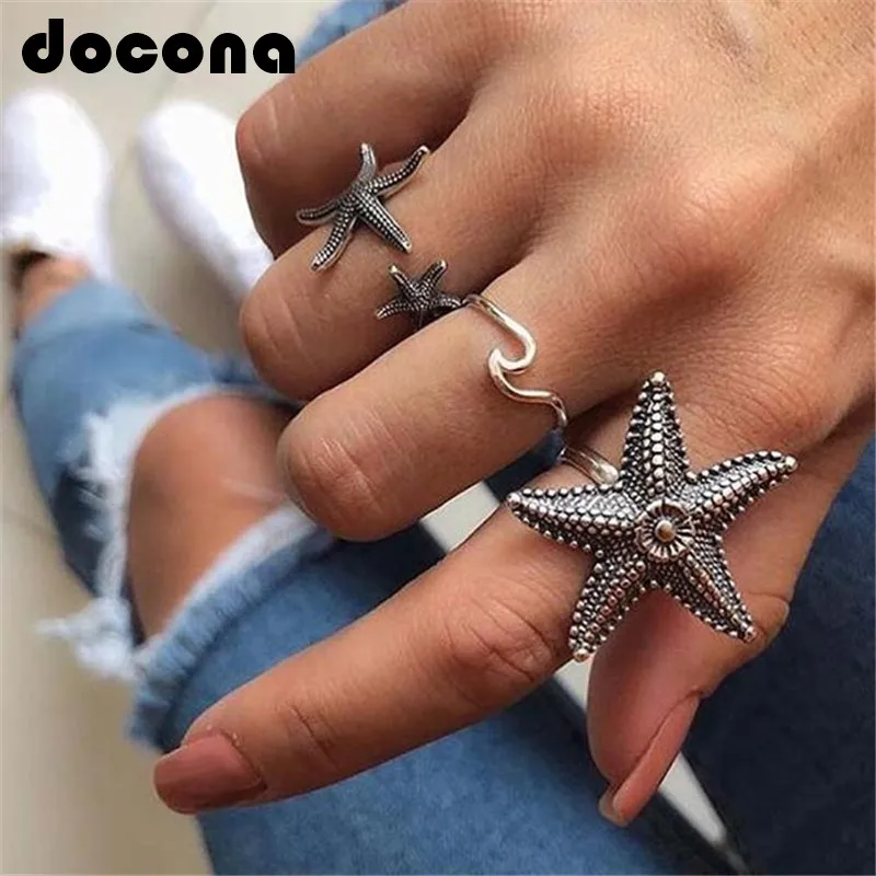 Docona в богемном стиле серебро Цвет Раковина Морская звезда кольца для женщин