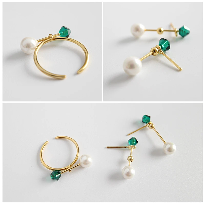INALIS New Vintage Fine Jewelry S925 Sterling Silver Green CZ Crystal Sea Shell Pearl Stud Earrings Necklace Ring Bracelet Sets |