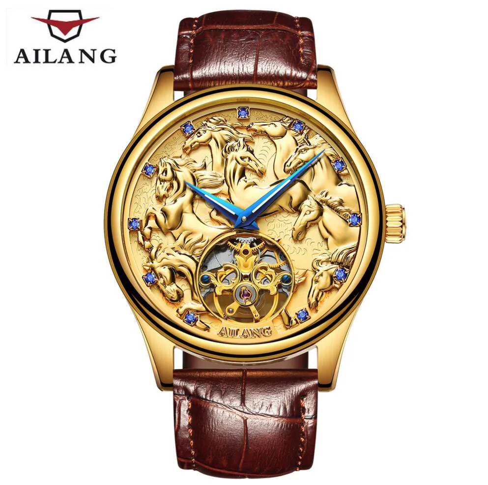 Лошадь узор tourbillon Классический для мужчин деловые часы деловые водонепроницаемые часы Элитный бренд пояса из натуральной кожи автоматические часы - Цвет: Golden horse