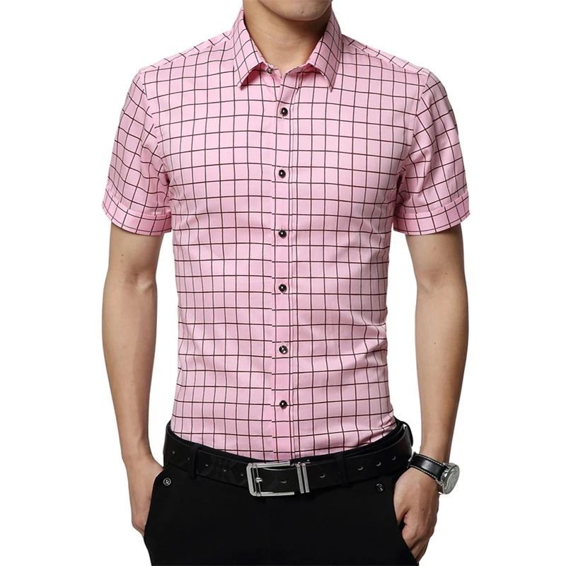 Мужская хлопковая рубашка в клетку с коротким рукавом не требует глажки|slim fit