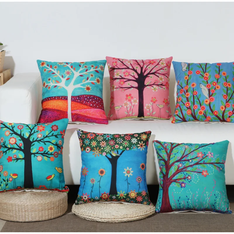 

45x45cm/17.72x17.72" Tree Oil Painting Cushion Cover Cotton Linen Decorative Throw Pillow Cover Seat Sofa Embrace Pillow Case