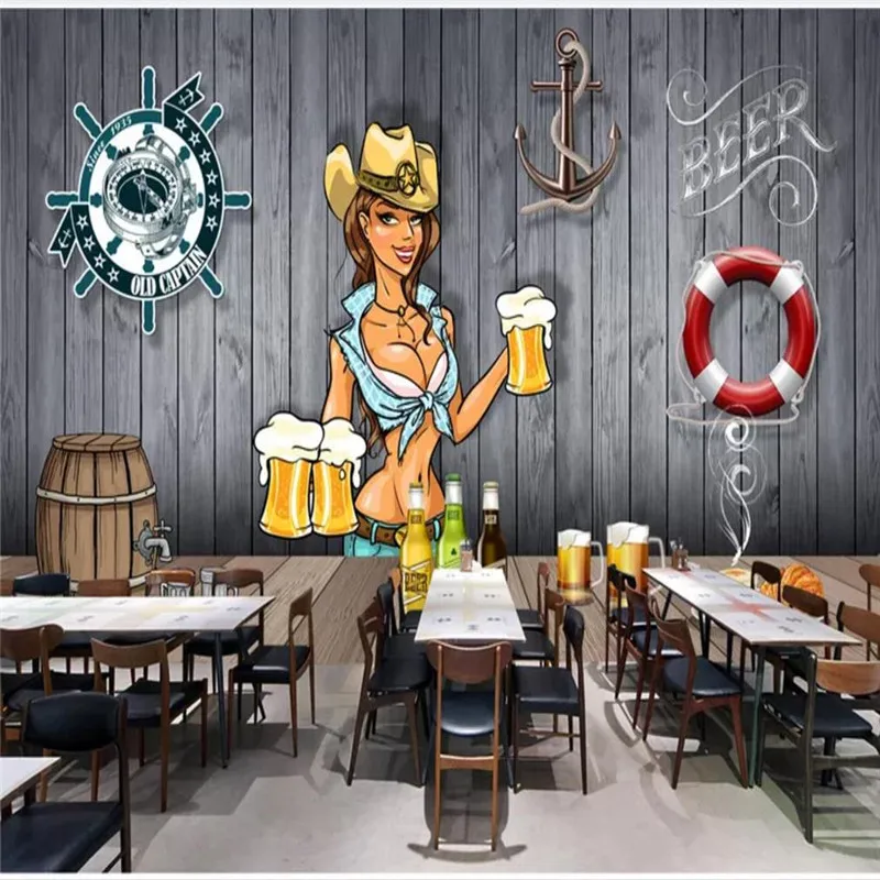 

Custom wallpaper Europe and America retro beer bar sexy beauty tooling wall waterproof material