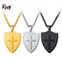 kpop cross shiled pendant inspirational jewelry stainless steel gold color christian bible verse necklace for men p3270