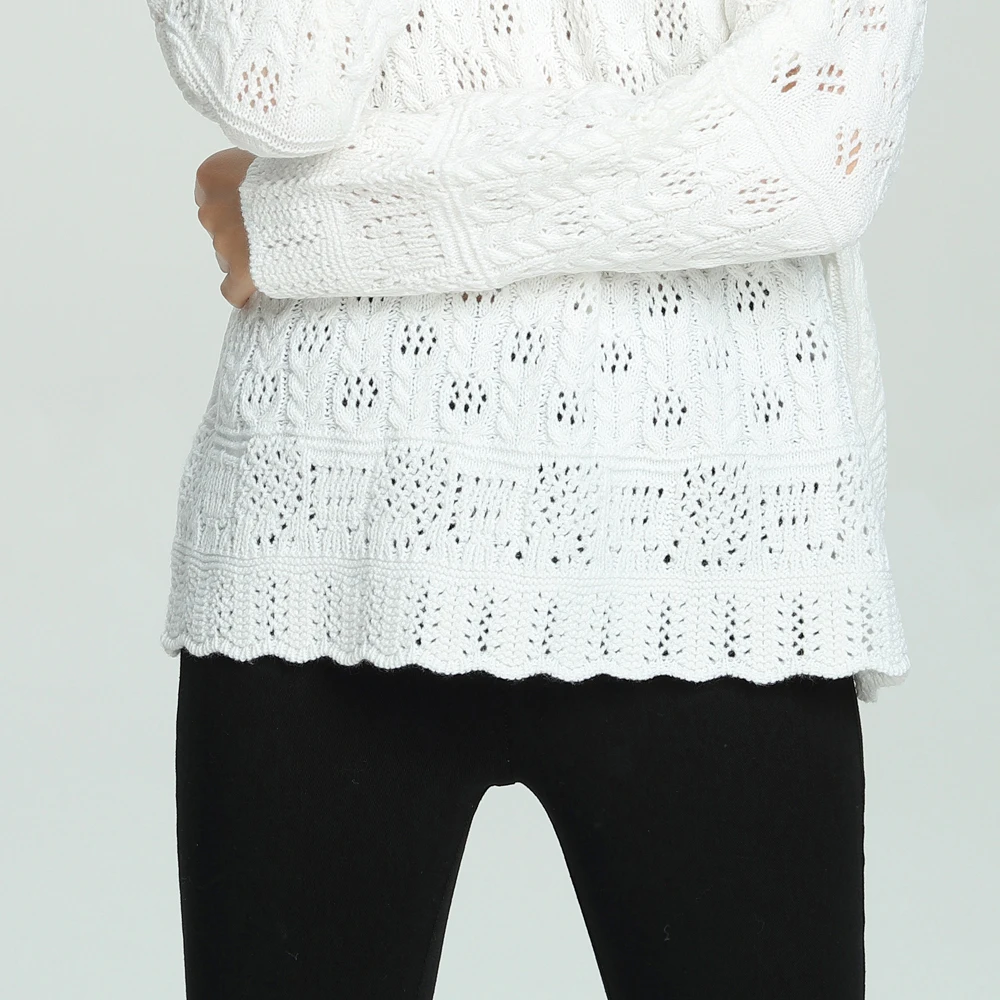 Autumn Winter Long Sleeve Wave Crochet Hollow Out Knitted Pullover Loose Women Sweater Kawaii Sweet Girl Knitwear White Jumper | Женская