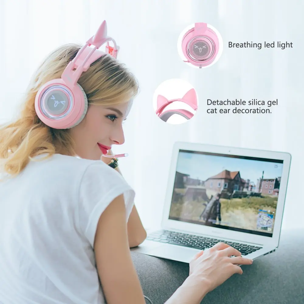 SOMIC G951 розовая девушка кошка гарнитура Виртуальная 7,1 шумоподавление Игровые наушники USB вибрационная гарнитура со светодиодной вставкой наушники для ПК