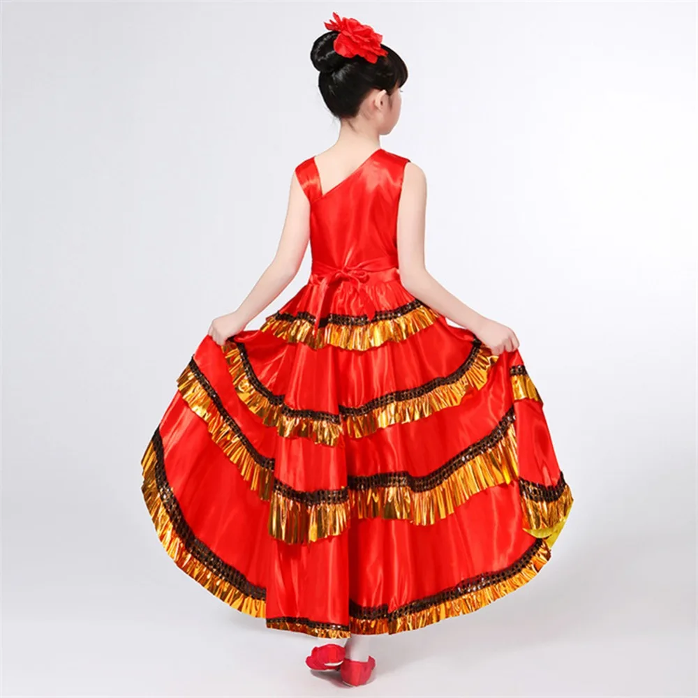 Kids Girls Red Belly Dance Dress Spanish Flamenco Costume Ballroom Tribal Match Head Flower | Детская одежда и обувь