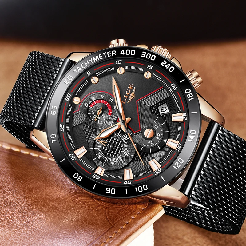 Мужские часы LIGE спортивные кварцевые водонепроницаемые со стальным ремешком