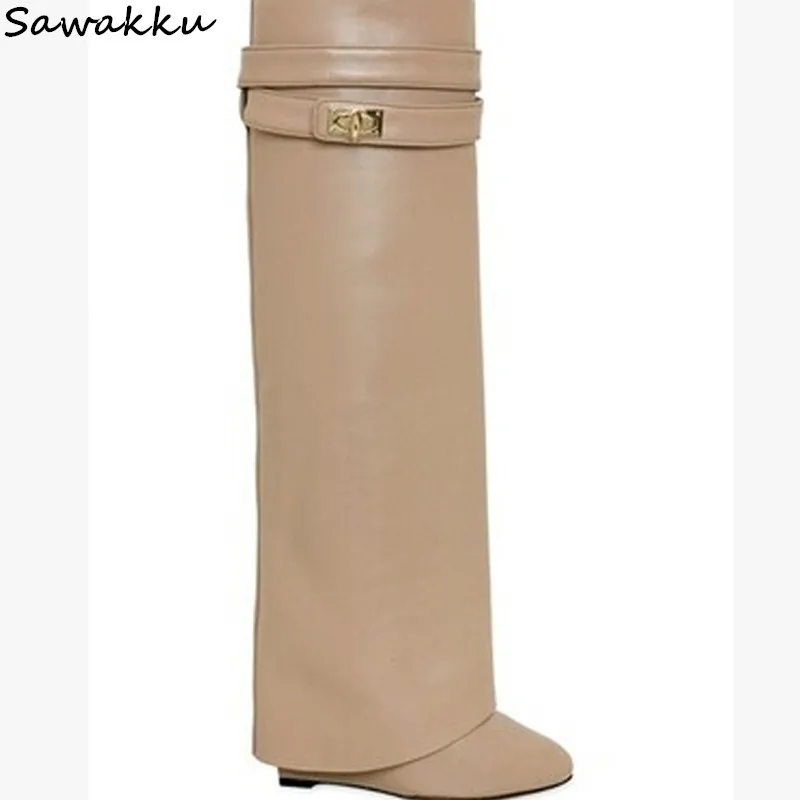 Новые металлические Shark Lock Низкий каблук Сапоги до колена Женская дизайнерская