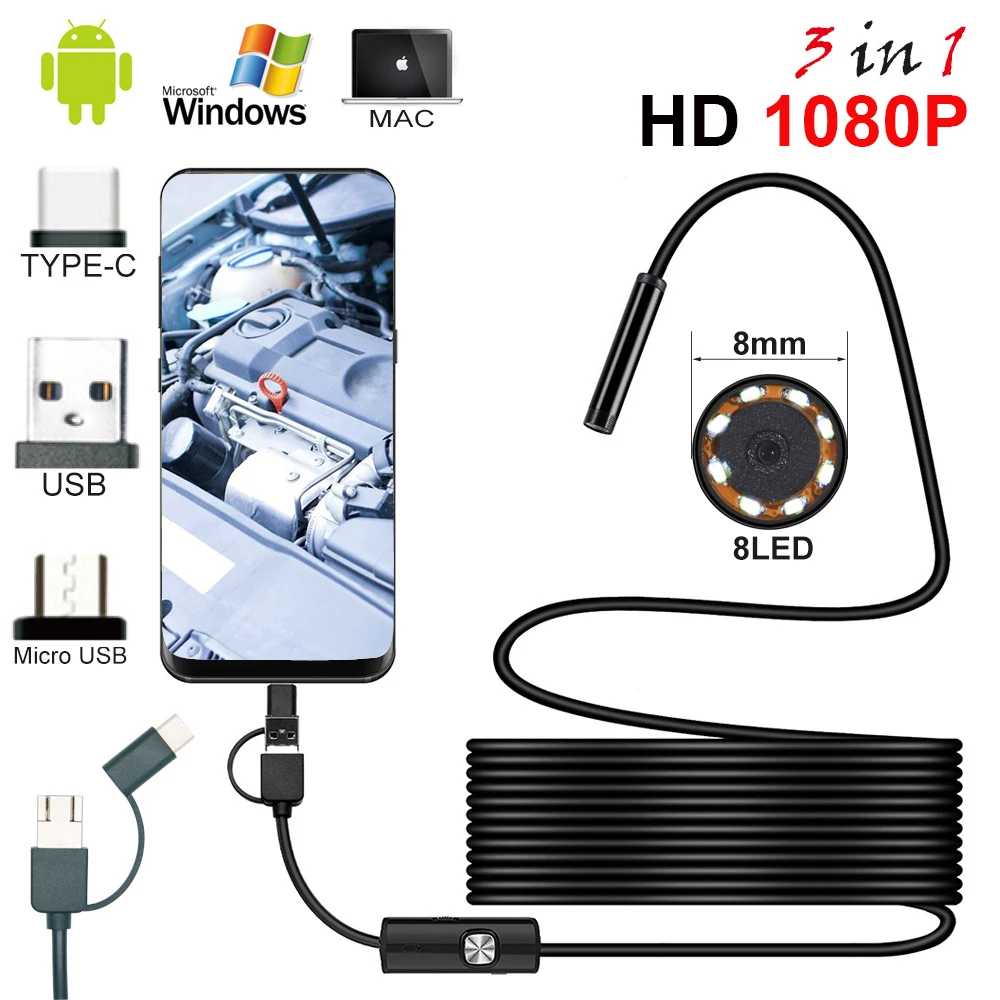 1080P USB эндоскоп камера 2 м 5 10 гибкий жесткий кабель Змеиный осмотр бороскоп Android PC