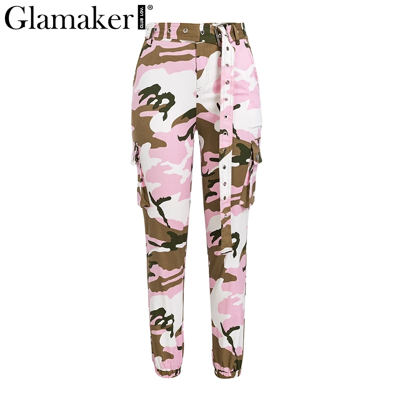 Glamaker камуфляж хлопок Высокая талия женские штаны Карго повседневные женские пикантные фитнес брюки для девочек летние обтягивающие нижние - Цвет: Розовый
