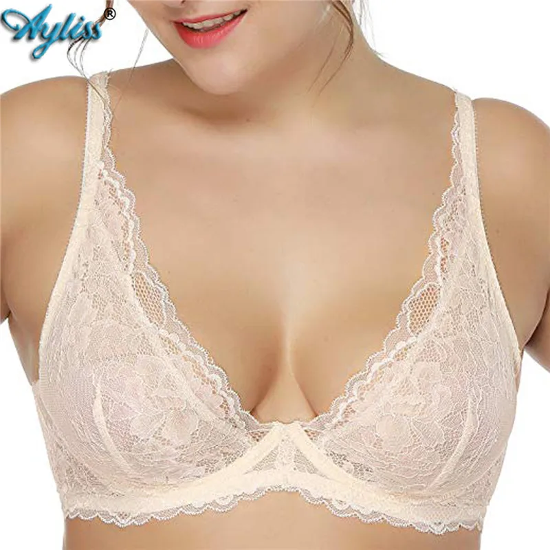 Ayliss 1 шт. абрикосовый кремовый Женский сексуальные, кружевные, из ткани органди бюстгальтер с глубоким вырезом без подкладки на косточках бюстгальтер с глубоким V