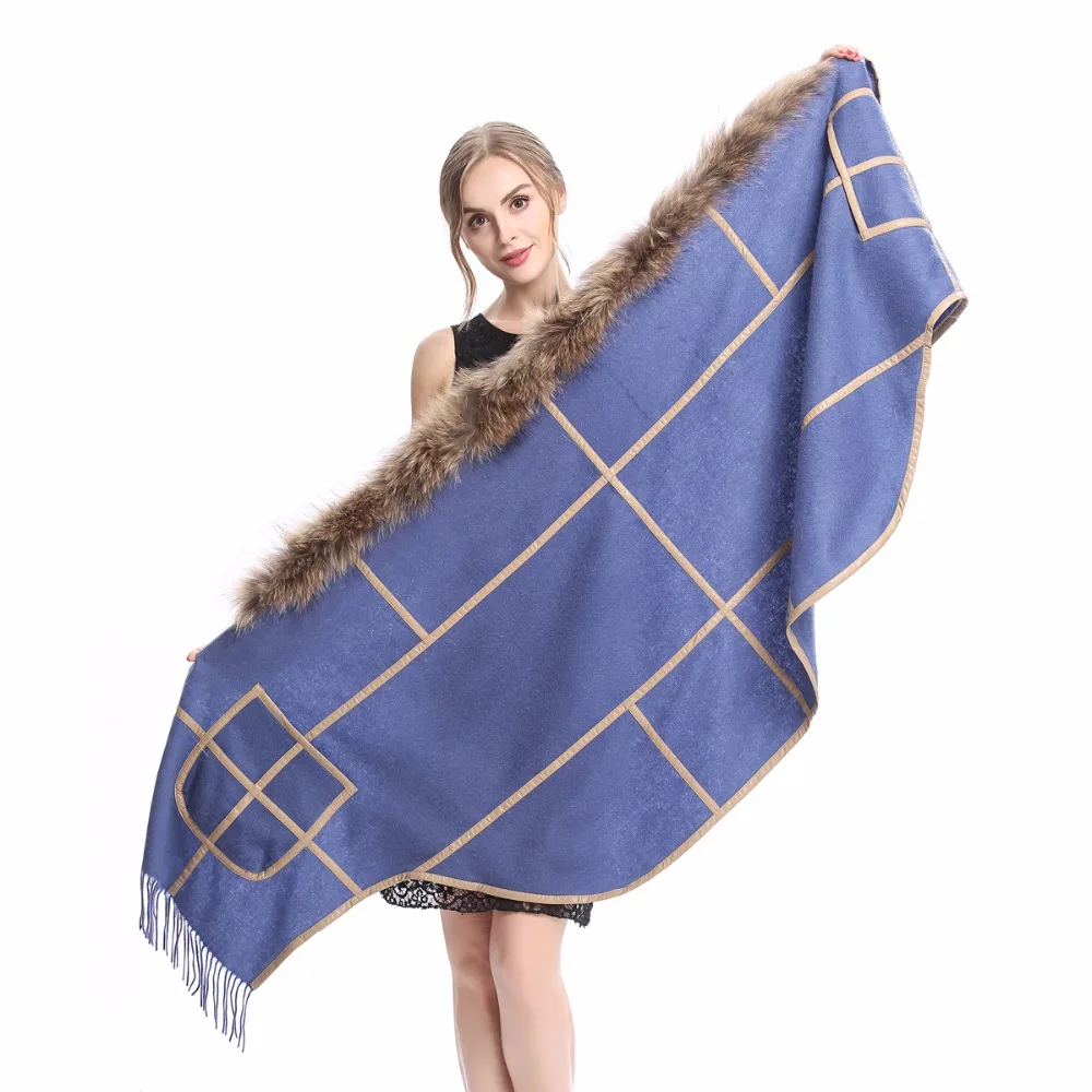 ZY87060 дизайн модные женские и женские воротник из меха енота шерсть кашемир с PU мехом пашимина шаль-пончо
