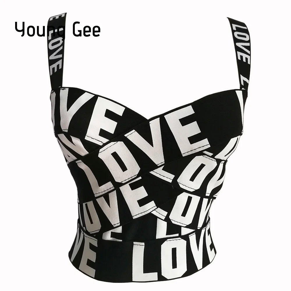 Женский укороченный топ бюстье Young Gee черный облегающий с принтом в виде сердечек