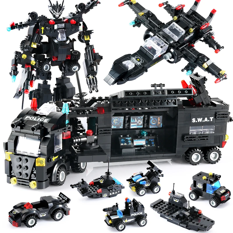 8 in 1 City Police Truck Building Blocks Vehicle Car Helicopter Police Station Blocks DIY Robot Figures Bricks Children lepin 02081 city police the coast guard head quarters building blocks boat helicopter sea exploration ship rescue 60167 brick