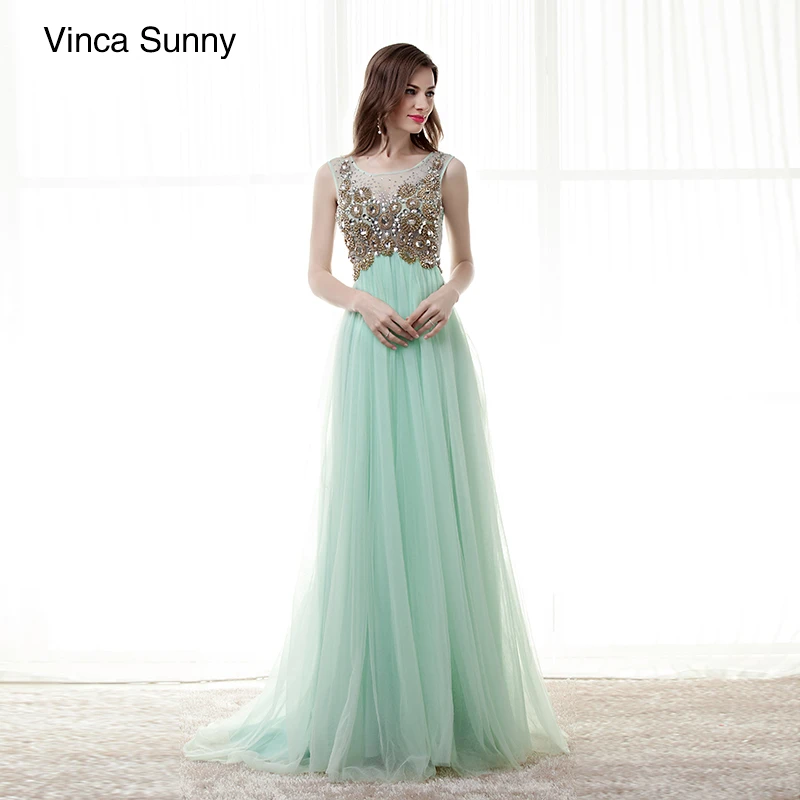 Beauty Scoop Neck Beading Open Back mint green tulle Long Prom Dresses 2018 Sleeveless A Line Floor Length Dress custom | Свадьбы и