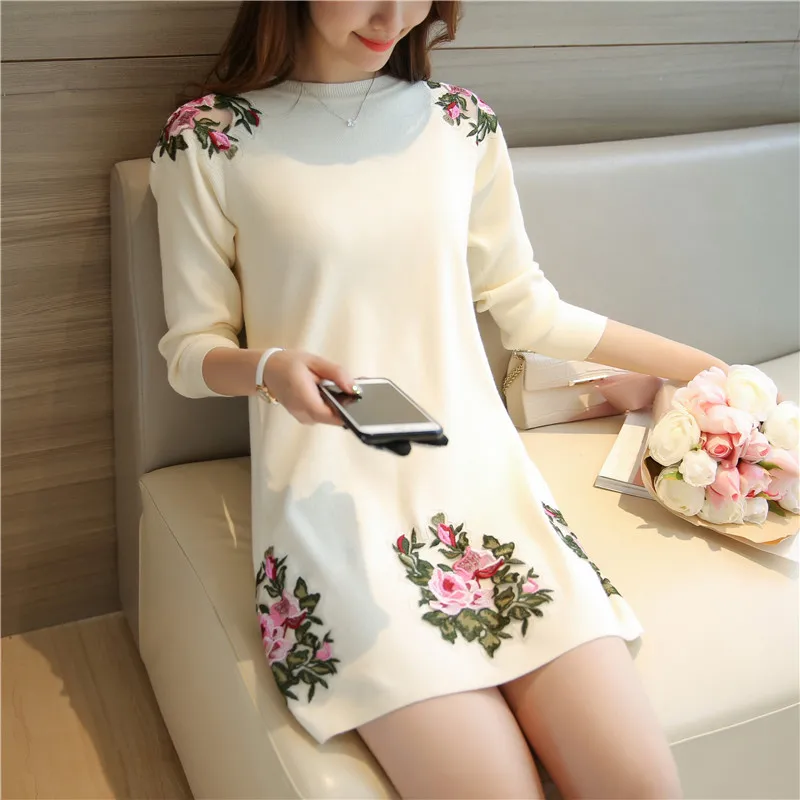 Свитер HAO HE SHEN 2017 Hitz длинный свитер с круглым вырезом и вышивкой пионов|neck sweater|round