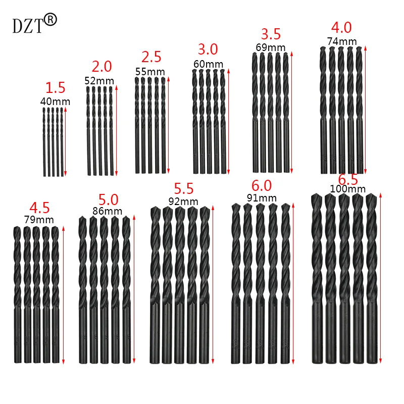 55pcs 1.5-6.5mm Black Twist Drill Bit Set For Wood Power Tools Accessories Drilling | Инструменты
