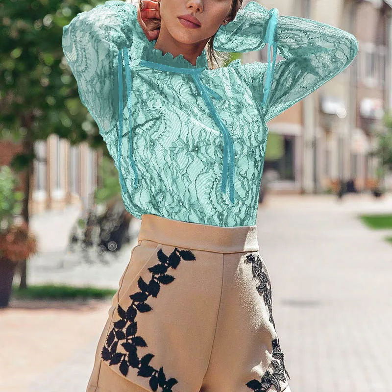 Женская одежда Кружева перспектива полые с длинным рукавом Топы стрингами Selvedge| |