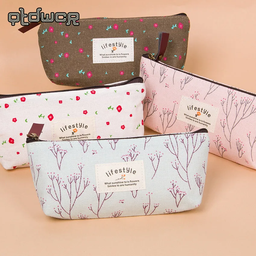 Милые Красочные Цветочные холщовые чехлы карандаши на молнии милые тканевые