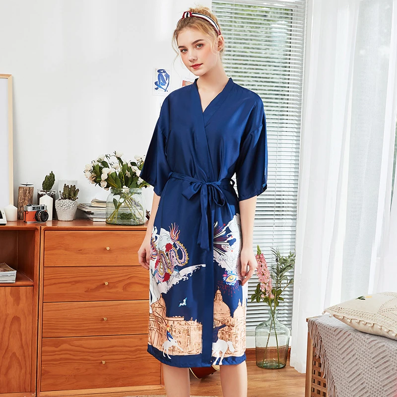 Темно синие коллекция весенней женской обуви шелковистой халат для сна Женщины