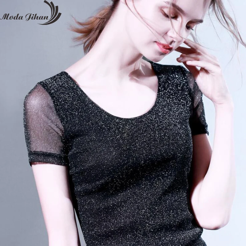 Moda Jihan женская рубашка с блестками блестящая сетка короткий рукав круглым