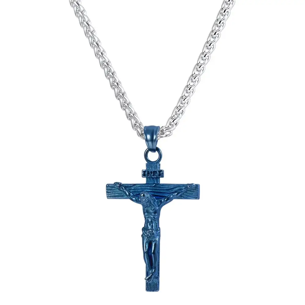 blue INRI Иисус Пьеса Кулон Христианской Ювелирных Изделий Подарок Винтаж Нержавеющей Стали/18 К Позолоченные Цепи Крест Ожерелье Мужчин P1166 - Окраска металла: blue