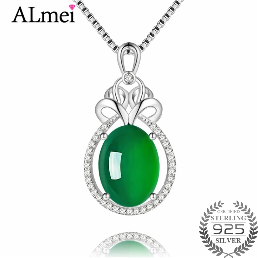 Ожерелье Almei из серебра 925 пробы с зеленым халцедоном 5 карат простое женское