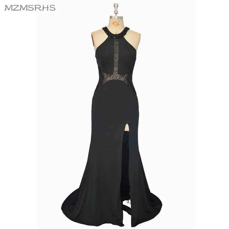 

Robe De Roiree Long Spandex Mermaid Evening Dresses with Sexy Black Lace Beaded Evening Gown Formal Prom Party Dress Custom Size
