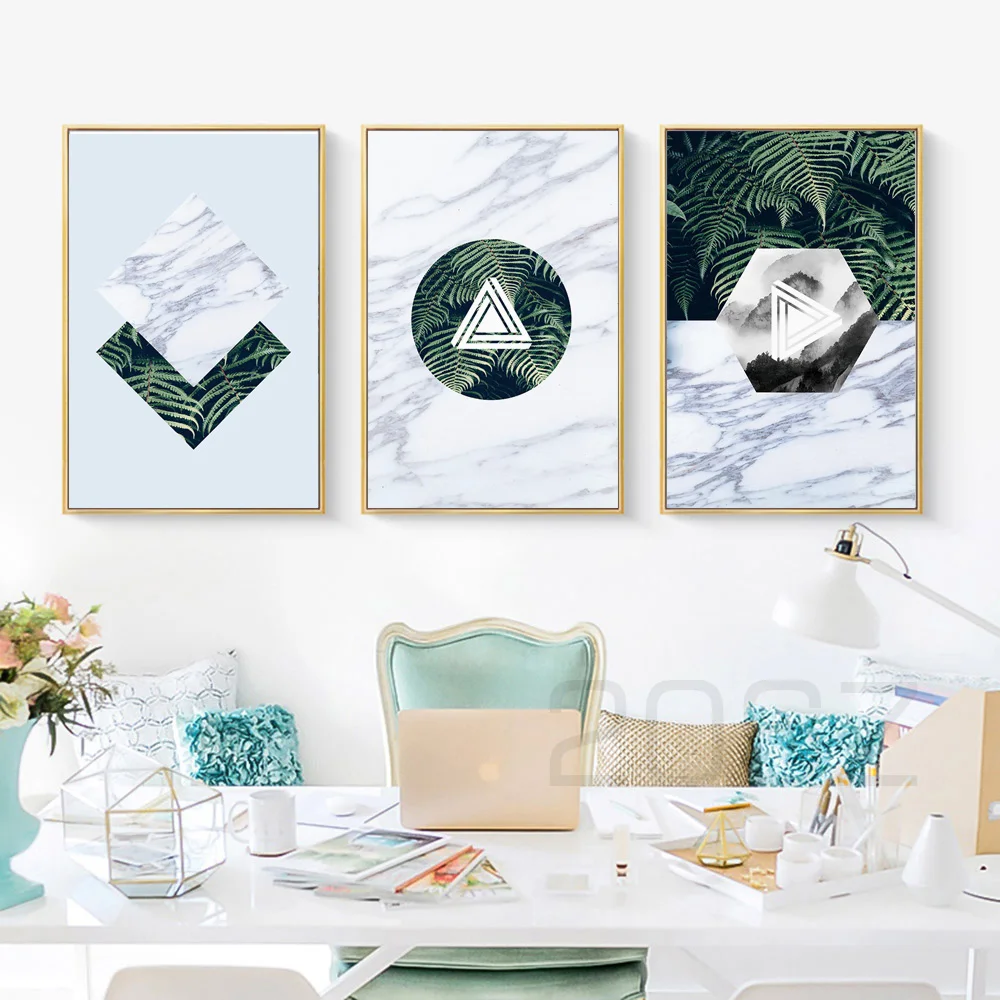 

Green Fern Plant Geometry Marbling Modern Nordic Posters And Prints Wall Art Canvas Painting Wall Pictures For Living Room Decor