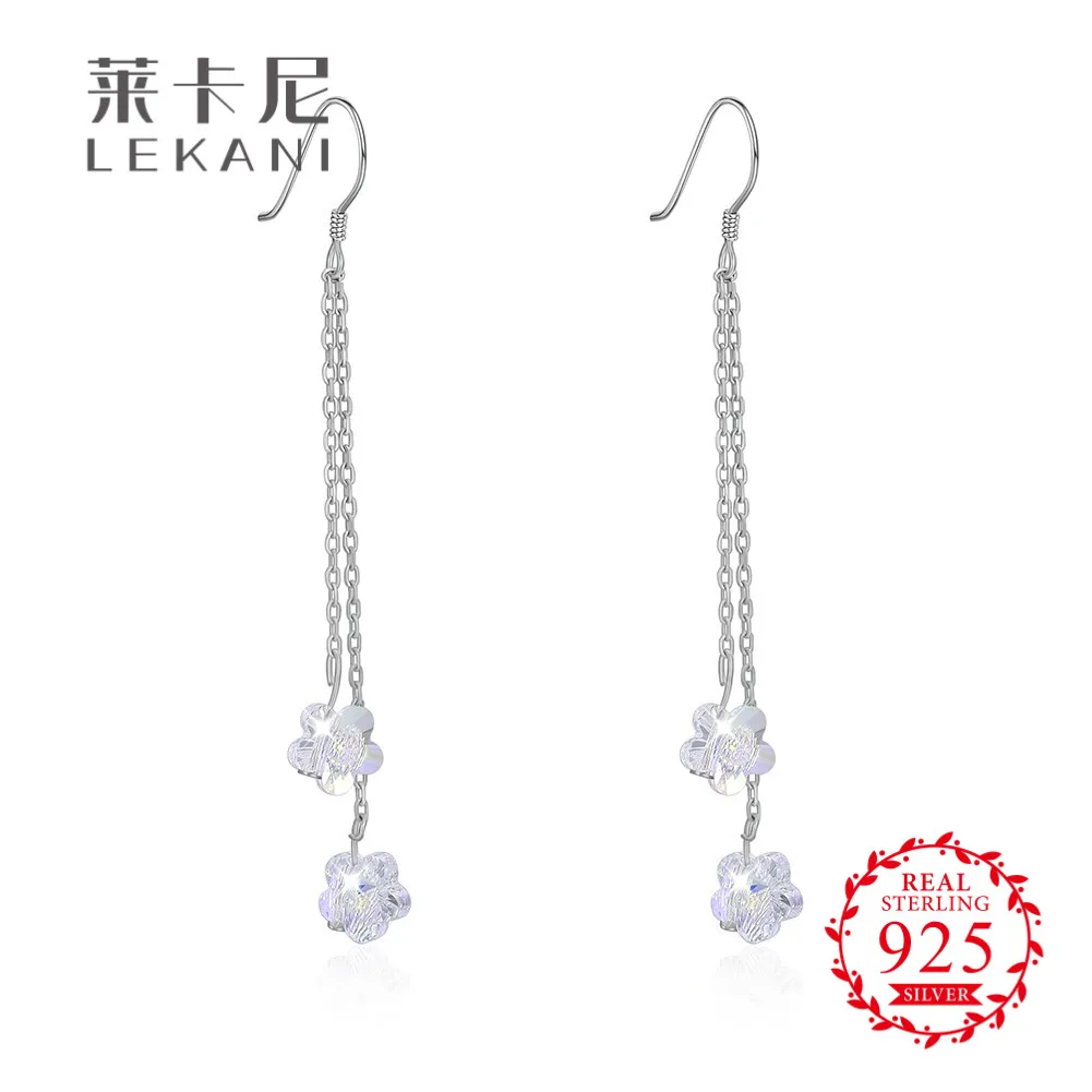 LEKANI кристаллами от Swarovski двойной цветок Кристалл Длинные серьги 100% стерлингового