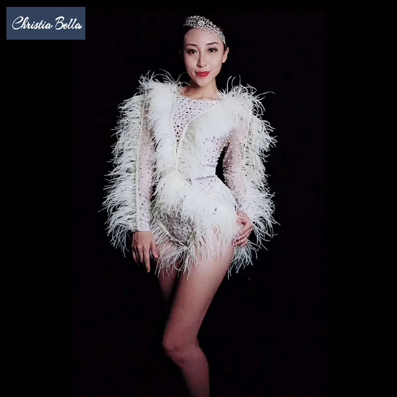 White Feather Sleeve Stage Bodysuit for Women Stretch Rhinestones Leotard Nightclub Dj Dancer Jumpsuits Performance Outfits