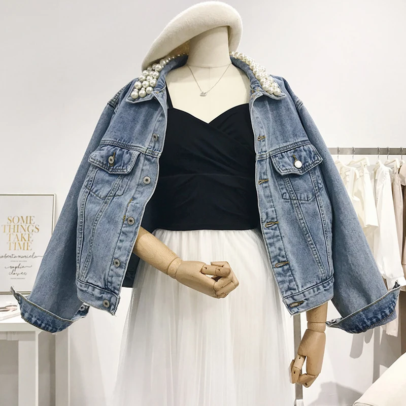 Женская джинсовая куртка с жемчужными бусинами новинка 2019 года весна-осень