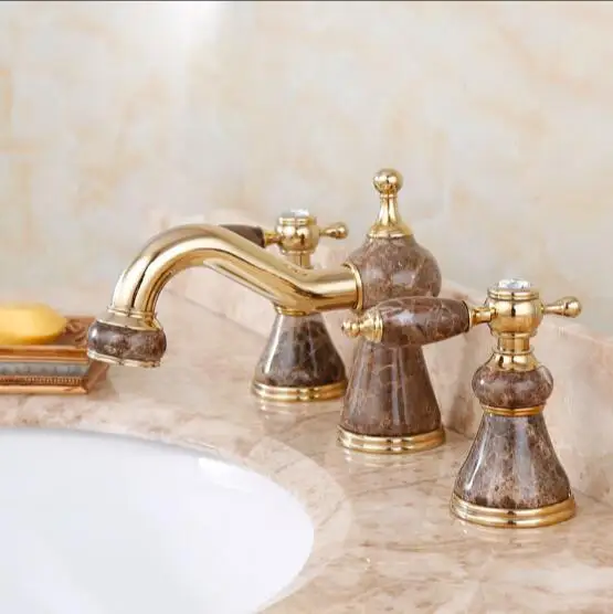 

fashion jade and brass construction gold finished bathroom widespread basin faucet,3 holes sink tap mixer